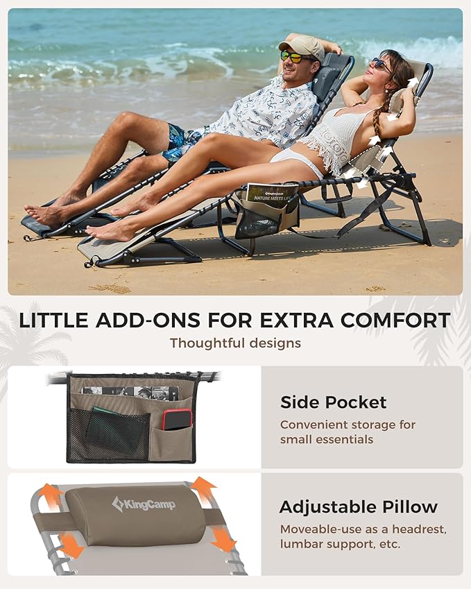 KingCamp 2 Pack Tanning Chair with Face Hole, Lounge Chairs Outdoor Folding Comfy Adjustable 5-Position Lay Flat Foldable Chaise Chaser Lounger for Outside Beach Patio Sun Bathing Pool, Beige