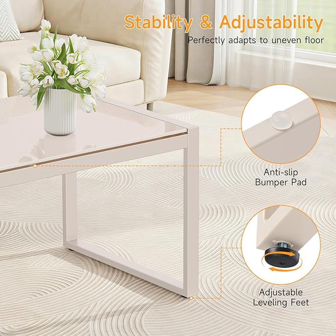 ONBRILL Rectangle Coffee Table with Tempered Glass Desktop, Galvanized Frame Outdoor Coffee Table with Adjustable Feet for Patio, Balcony, Deck, Living Room, Sand