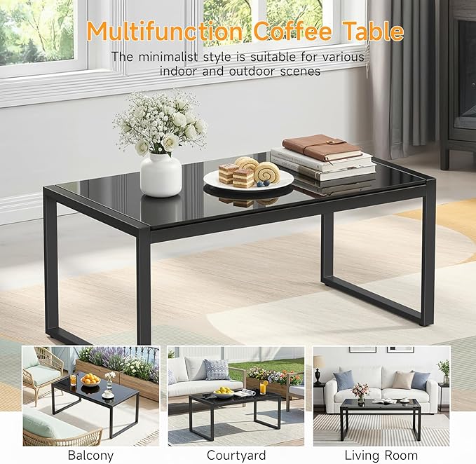 ONBRILL Rectangle Coffee Table with Tempered Glass Desktop, Galvanized Frame Outdoor Coffee Table with Adjustable Feet for Patio, Balcony, Deck, Living Room, Black
