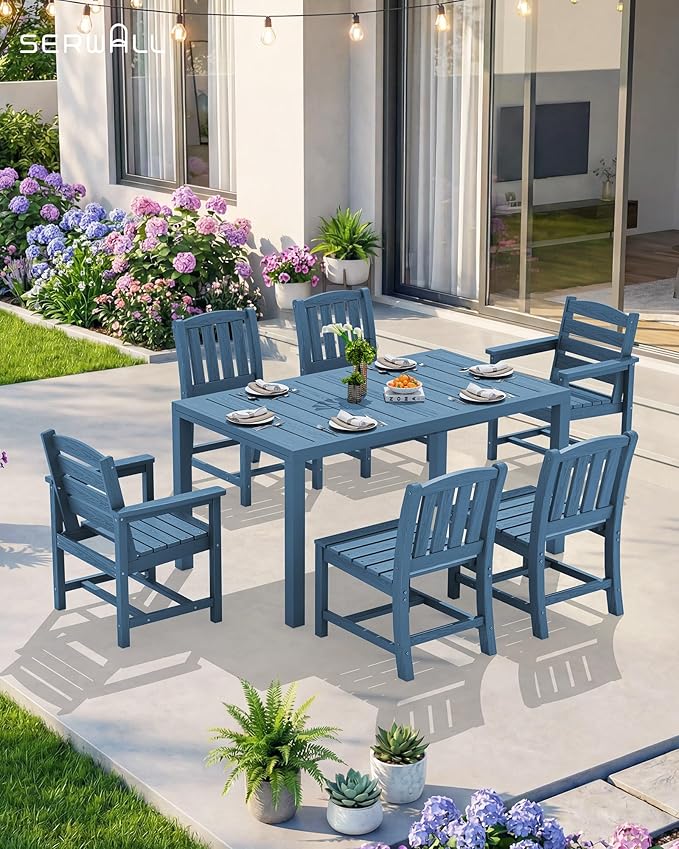 SERWALL 11-Piece Outdoor Dining Set, 60" - 83" Expandable Outdoor Dining Table and 10 HDPE Chairs, All Weather HDPE Outdoor Furniture Set for Backyard, Garden, Blue