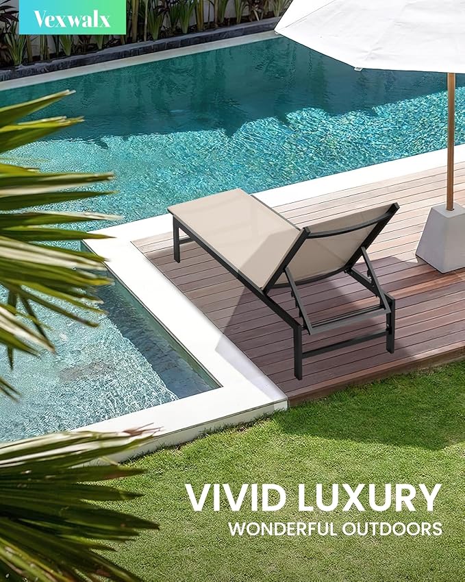 Outdoor Lounge Chairs Set of 2, Aluminum Patio Chaise Lounge Chairs with 5-Position Recliner, Pool Lounge Chairs for Backyard, Poolside, Deck, Lawn (Khaki)