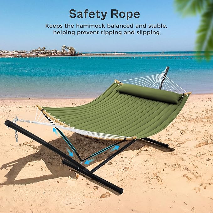 SUPERJARE Curved-Bar Hammock with Stand, 2 Person Heavy Duty Hammock Frame, Detachable Pillow & Portable Carrying Bag, Perfect for Outdoor & Indoor, Spring Green