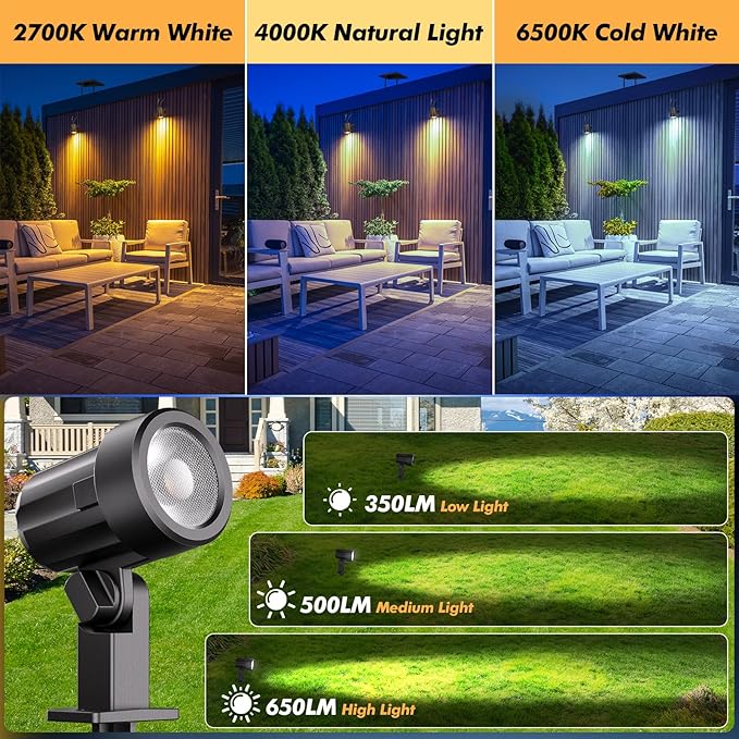 MEIKEE 6 in 1 Solar Spotlights Outdoor, 6W/6V Solar Powered Landscape Lights IP66 Waterproof Auto On/Off Landscape Spotlights with 3 Colors 56ft Cord for Garden Path Yard Patio Light