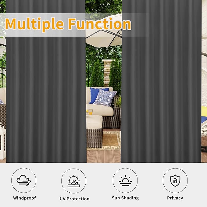 Easy-Going Outdoor Patio Curtains Detachable Tab Top Windproof Weatherproof Curtain for Cabana, Porch, Pergola and Gazebo, Tab Bottom Drape, 2 Panels, 54W x 96L inch, Gray
