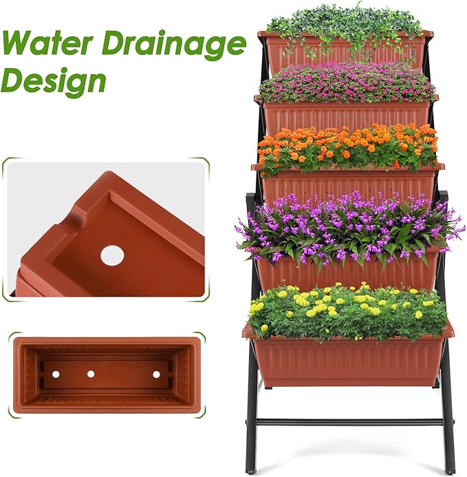 Suyncll Vertical Raised Garden Bed Planter Box,5 Tiers Vertical Garden Planter with Drainage System&4 Hooks for Herb Vegetables Flowers, Brick Red