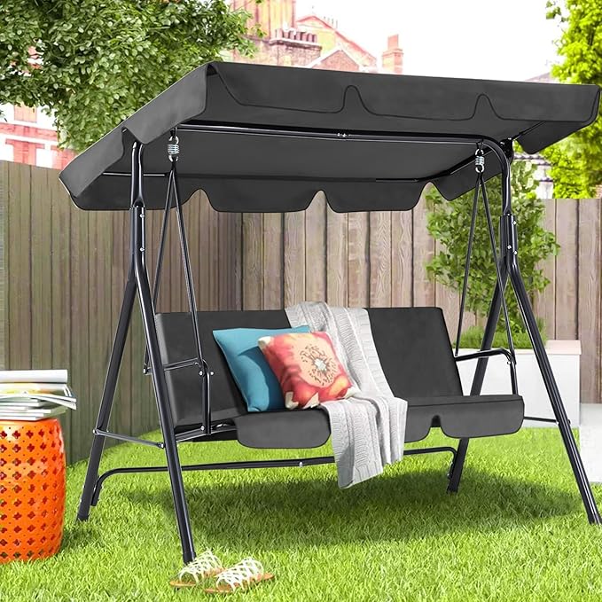 AECOJOY 3-Seat Outdoor Clearance Porch Swings for Adults, Outdoor Patio Swing with Adjustable Canopy & Removable Cushion for Backyard, Garden, Balcony, Grey