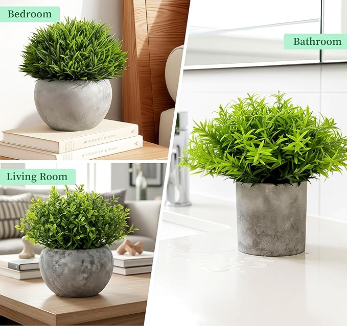 Fake Plants,5 Pack Small Fake Plants Mini Potted Artificial Eucalyptus Greenery Plastic Green Grass Plants for Indoor Outdoor,Mini Faux Plant for Shelve Desk Table Farmhouse Bathroom Shelf Decor