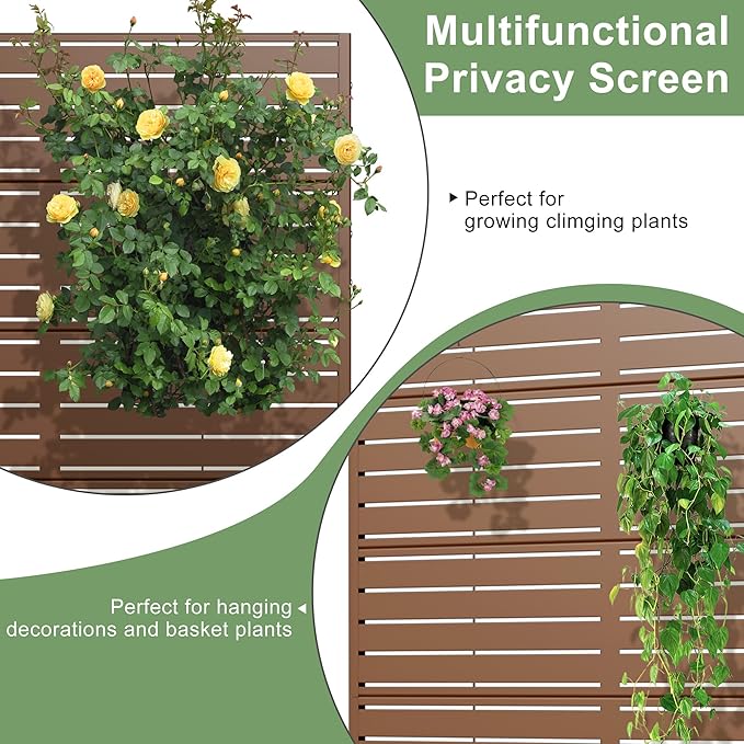 Casaphoria Metal Privacy Screen Outdoor, 72" H x 35" W Freestanding Decorative Privacy Screen for Patio Deck Balcony Garden with Stable Base, Brown-Louvered