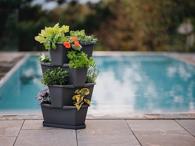 BUZZY Seeds Starter Stackable Vertical Planter – 4-Level Raised Garden Tower for Potatoes, Strawberries, Vegetables & Flowers (Gray)