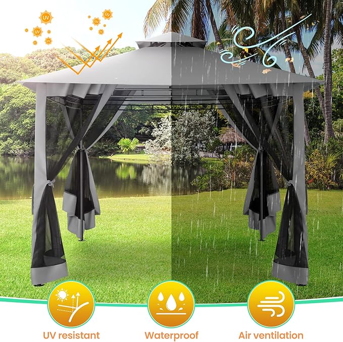 COBIZI Gazebo 10x10 Heavy Duty Gazebos with Improved Nettings Outdoor Gazebo Double Roof Patio Gazebos with Metal Steel Frame Outdoor Canopy for Patio, Deck, Backyard (Gray)