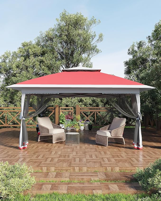 Canopy Tent 13x13 ft, Pop Up Gazebo One-Push Setup with 4 SandBags for Backyard Parties and BBQs, Mosquito Netting & Height Adjustable - Red
