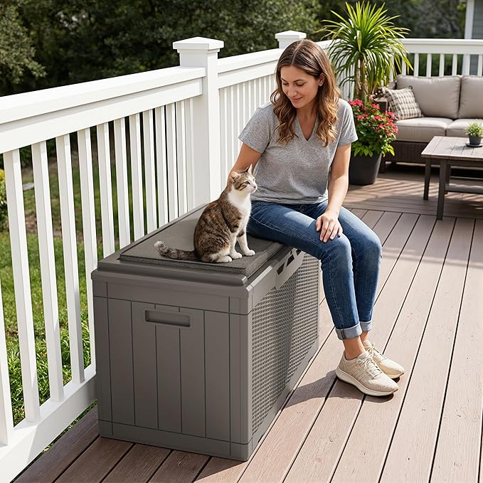 Greesum 100 Gallon Resin Deck Box Large Outdoor Storage Boxes with Cushions for Garden Tools, Patio Furniture Pillows, Pool Supplies, Light Coffee