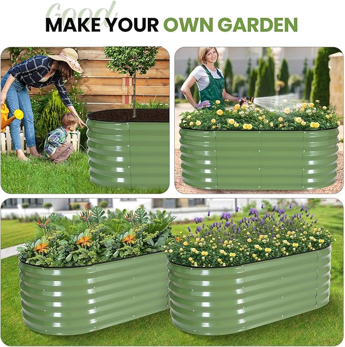 G GOOD GAIN Raised Garden Beds - 4x2x1.4ft Galvanized Planter Boxes Kit with Protective Tape & Gloves & Tools | Oval Metal Outdoor Raised Bed for Gardening Vegetables, Fruits, Flowers, Herbs, Oliver