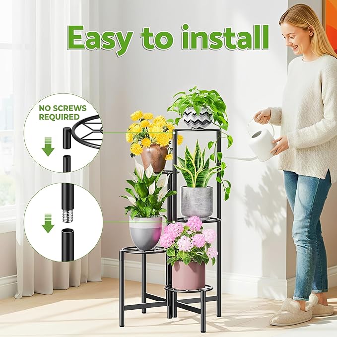 Plant Stand 5 Tier Indoor Metal Flower Shelf for Multiple Plants Corner Tall Flower Holders for Patio Garden Living Room Balcony Bedroom Black Diamond