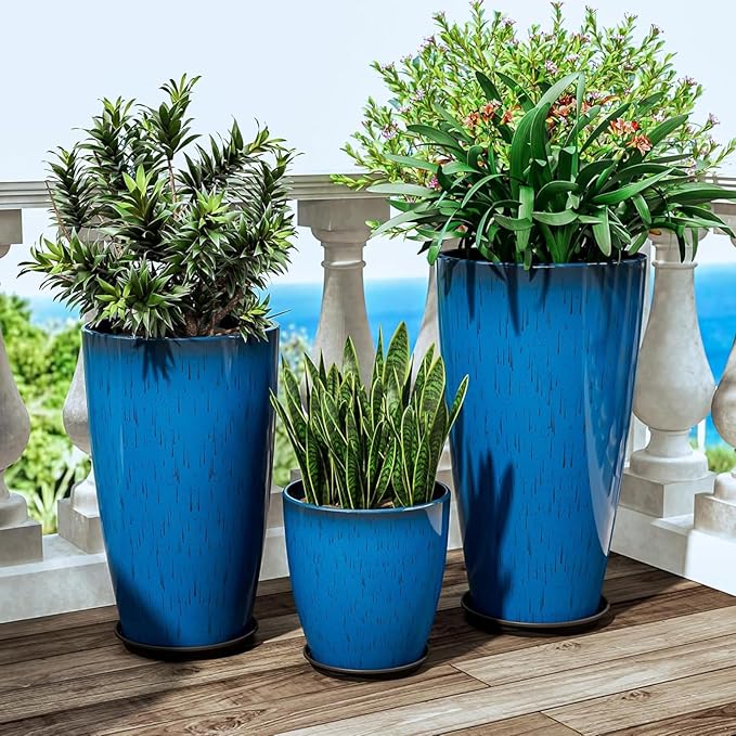 QCQHDU 24,21,11 inch Large Planters with Drainage Hole & Saucer, Set of 3 Plant Pots Tall Planter for Indoor & Outdoor Plants Home Modern Decor