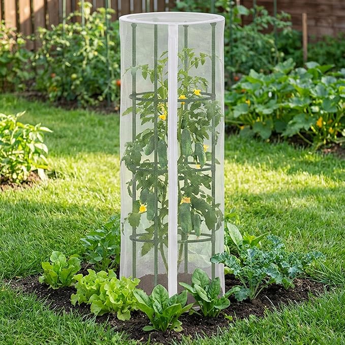 4 Pcs Garden Bird Netting Cover for Round Tomato Cage, 59" x 18" Tomato Trellis Insect Barrier Protection Mesh, Plant Cage Garden Net Cover with Zipper for Vertical Climbing Plants Vegetables Fruits