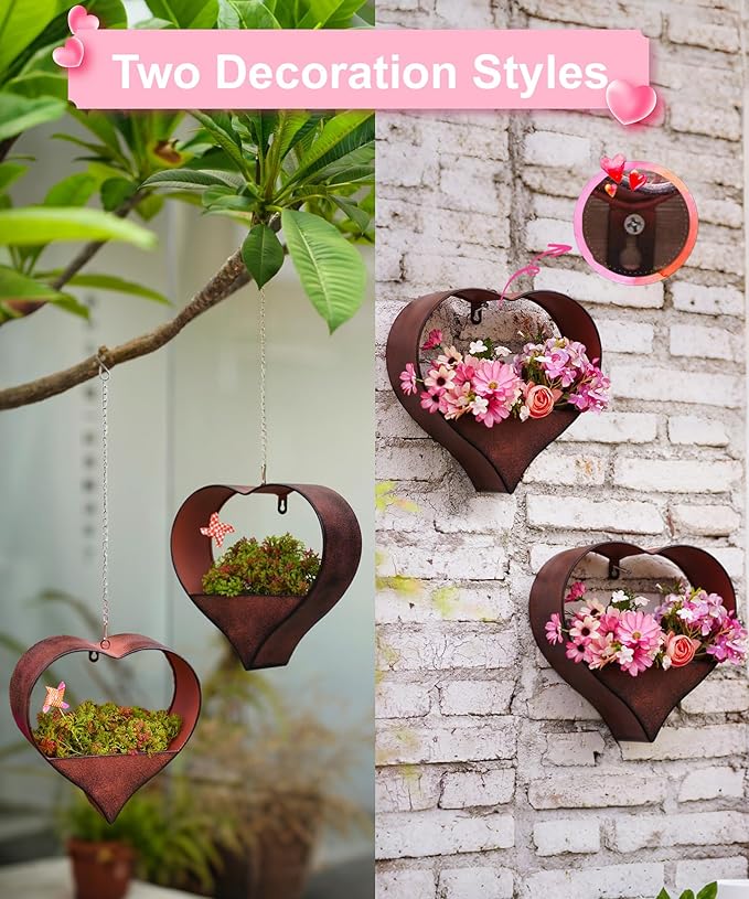 Metal Plant Hangers Indoor and Outdoor for Mom Women Her Wife Garden Lovers Birthday - Heart Shape Hanging Planters for Window Wall Living Room Office Decor(2 Pack)