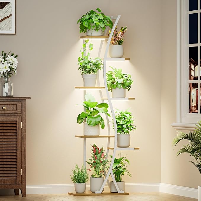 62" Plant Stand Indoor with Grow Lights - 7 Tiered Tall Metal Plant Shelf - Corner Wooden Plant Stand for Indoor Plants Multiple, Large S-Shape Flower Rack Holder for Living Room, Garden, Patio Decor