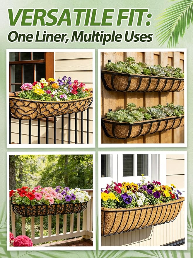 48in Arched Coco Liners for Window Planter Box - 4 Pack 100% Natural Coconut Coir Fiber Liner Replacement for Deck Flower Box, Garden Railing Fence Trough, Wall Planter Basket