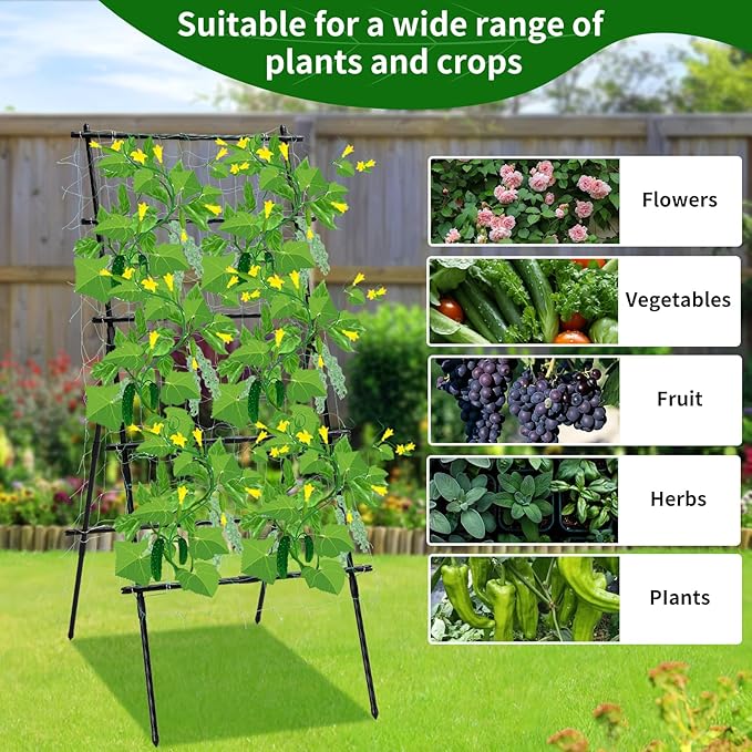Lalahoni Cucumber Trellis, 6ft Tall Metal Garden Trellis for Climbing Plants Outdoor A-Frame Vine Plant Support for Vegetable Fruit Tomato Peas Beans Cucumber Trellis for Raised Bed