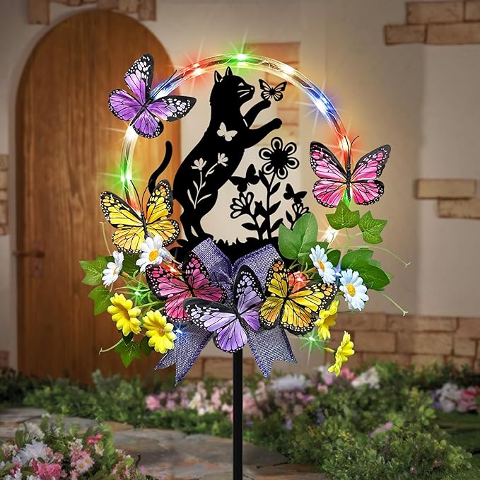 Cat Solar Lights Outdoor Garden,Silhouette Cat with Butterflies Waterproof Garden Stake for Yard, Lawn,Best Gifts for Women