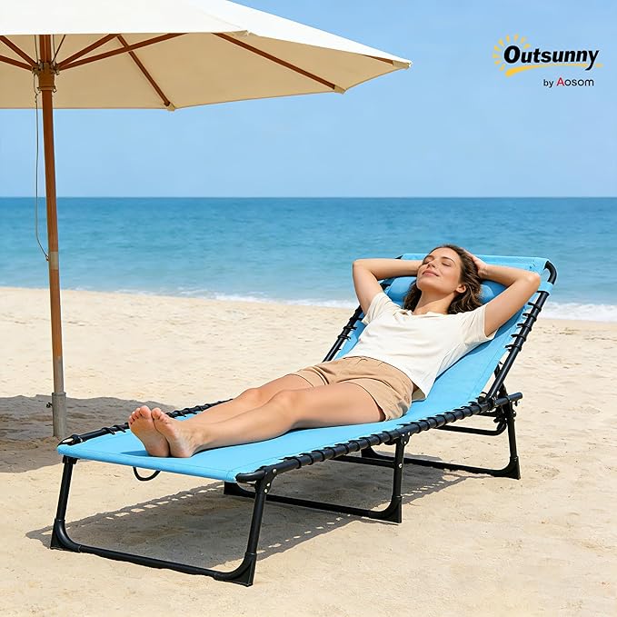 Outsunny Folding Chaise Lounge Chair, Patio Sun Tanning Chair, Outdoor Chaise Lounger with 4-Position Reclining Back, Breathable Mesh Seat for Beach, Poolside, Yard, Blue