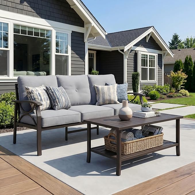 RoyalCraft 3 Seats Outdoor Patio Furniture Set, Outdoor Metal Sectional Furniture with Cushions, Outdoor Conversation Set with Coffee Table for Balcony, Backyard, Garden, Deck, Grey
