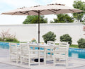 SERWALL 8-Piece Patio Dining Sets with 15FT Double Side Patio Umbrella, Outdoor HDPE Dining Furniture Set with Umbrella Hole Cut-Out Table and 6 Chairs, White（Umbreall Base not Included）
