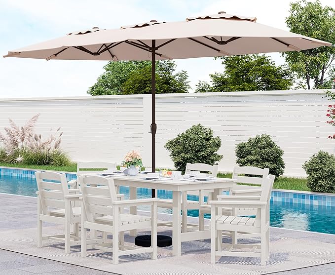 SERWALL 8-Piece Patio Dining Sets with 15FT Double Side Patio Umbrella, Outdoor HDPE Dining Furniture Set with Umbrella Hole Cut-Out Table and 6 Chairs, White（Umbreall Base not Included）