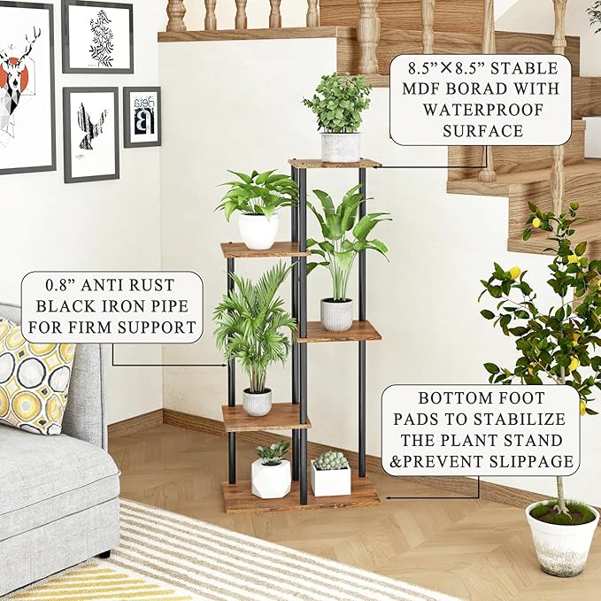 Plant Stand Indoor 5 Tier 6 Potted Metal Wood Plant Shelf, Multiple Flower Pots Corner Tall Plant Holder Stands for Living Room Balcony Bedroom, Rustic Brown