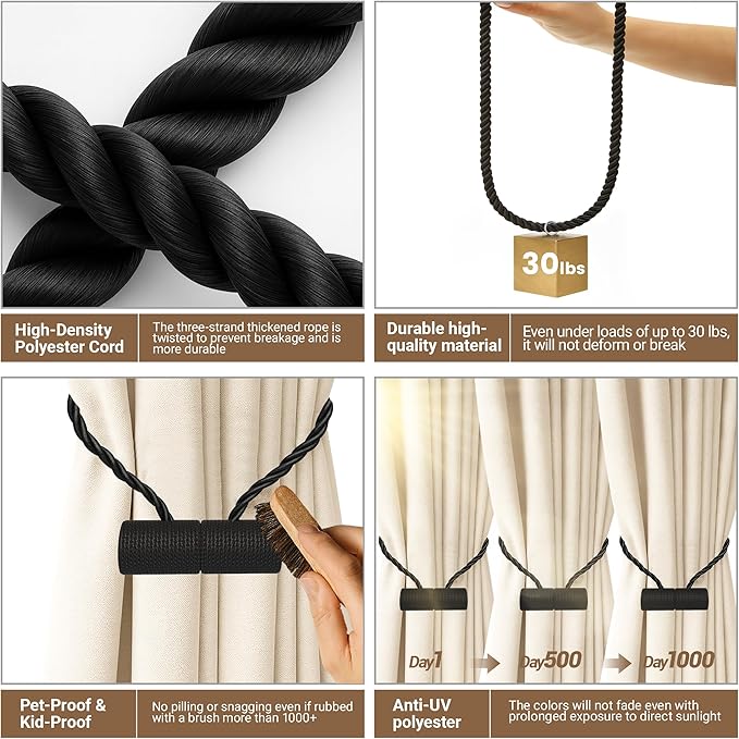 Hion Magnetic Curtain Tiebacks Black 6 Pack, Curtain Tiebacks Buckles Holdbacks Holders Hooks Clip for Home Bedroom Office Decorative Thick or Thin Curtain