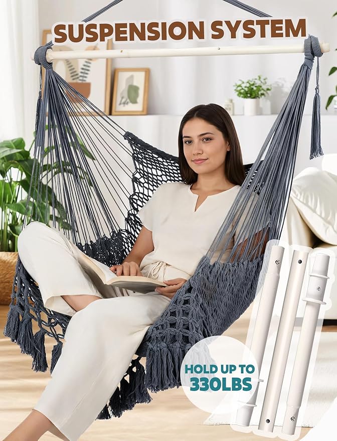 Chihee Hammock Chair Super Large Soft-Spun Cotton Rope Weaving Hanging Chair, Collapsible Strong Metal Spreader Bar Wide Seat Lace Stretch Swing Chairs Indoor Outdoor Garden Yard Theme Decoration