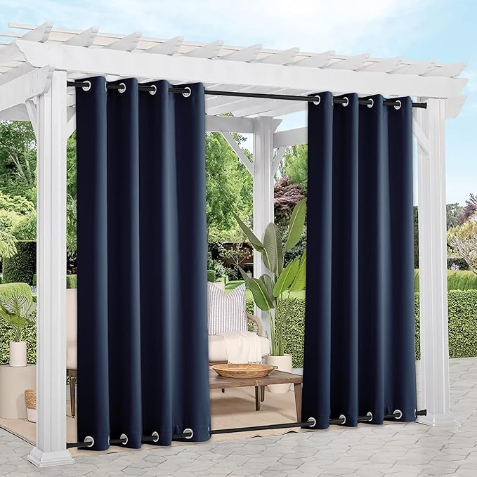 NICETOWN 2 Panels Outdoor Curtains for Patio Waterproof, Rustproof Top and Bottom Grommet Windproof Drapes Thermal Insulated Blackout Outdoor Blinds for Porch/Gazebo, W52 x L84, Navy Blue