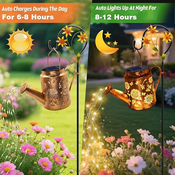 Solar Lanterns Outdoor, Sunflower Watering Can lights, Waterproof Hanging Lanterns Solar Path Lights Outside Yard Patio Gardren Decor, Gardening Christmas Gift for Mom Grandma Women with Shepherd Hook