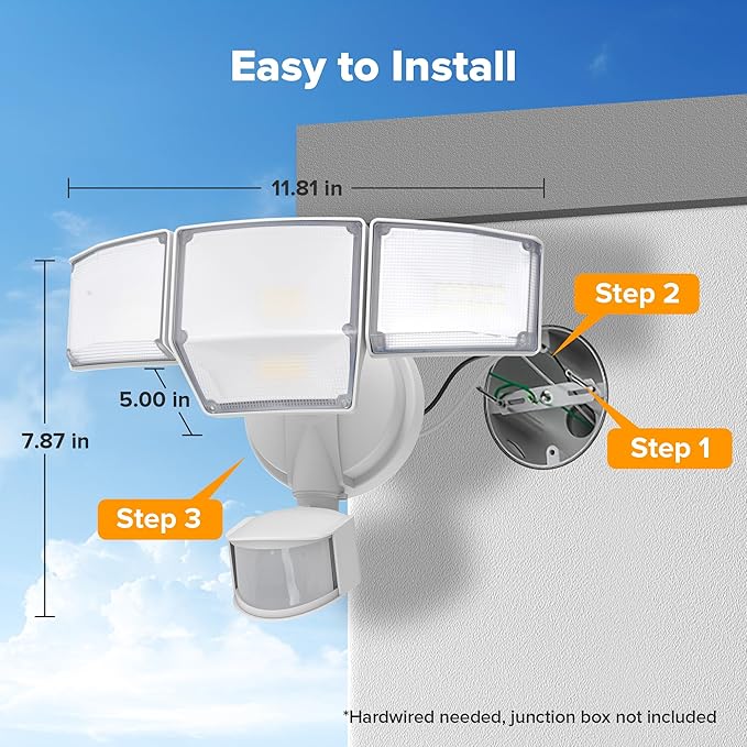 LUTEC 80W 9000LM LED Security Lights Motion Sensor Outdoor Lights, 4 Head LED Flood Lights Outdoor 5000K Daylight, IP65 Waterproof, Motion Detected Lights for Outside, Garage, Yard (White) - 2 Pack