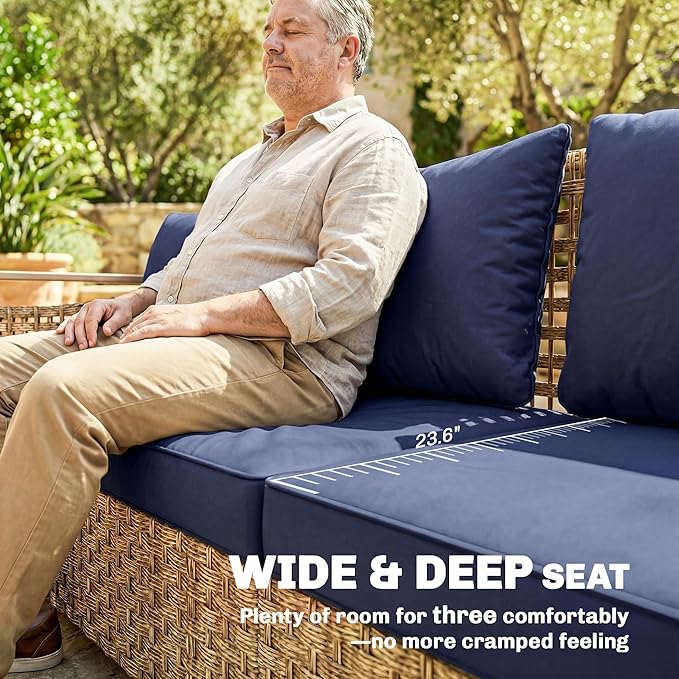 Outsunny Outdoor Patio Couch with Wide and Deep Seat, 3 Seater Wicker Outdoor Sofa with Wide Metal Armrests, Patio Furniture Couch with Cushions for Porch, Garden, Backyard, Dark Blue | Removable Covers
