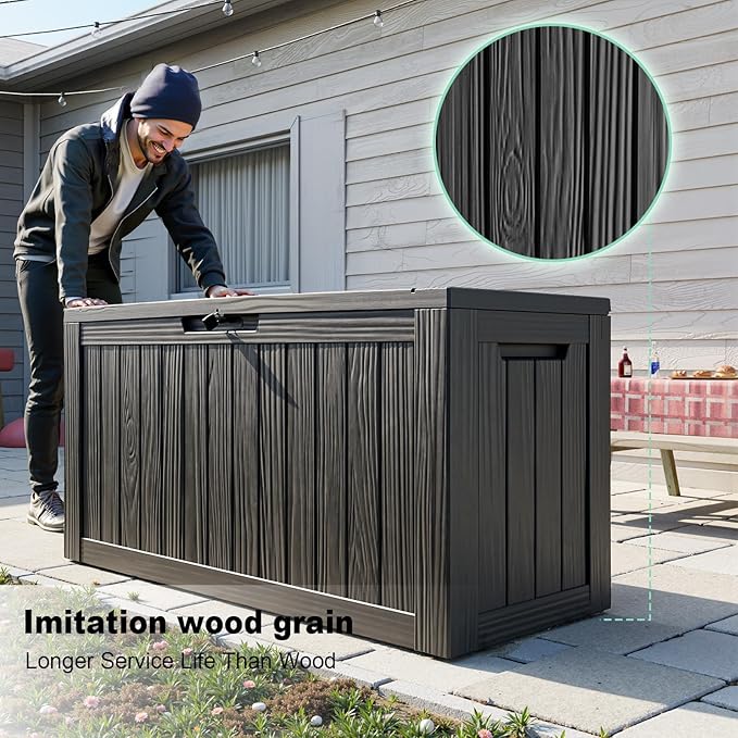 86 Gallon Outdoor Deck Box, Lockable Waterproof Outdoor Storage Boxes For Garden Tools,Indoor Cushions,Accessories Outside Storage Resin Weatherproof Container(Black)