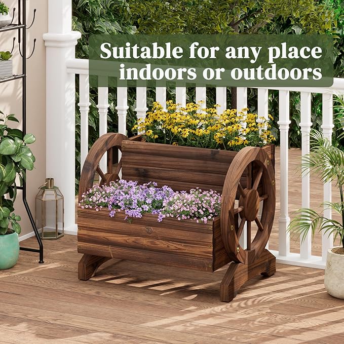 Wooden Wagon Planter Flower Cart with Wheels Garden Box Garden Planter, Decorative Planter for Flowers Herbs Vegetables for Indoor & Outdoor Décor Flower Cart for Patio Garden Balcony (Carbonized)