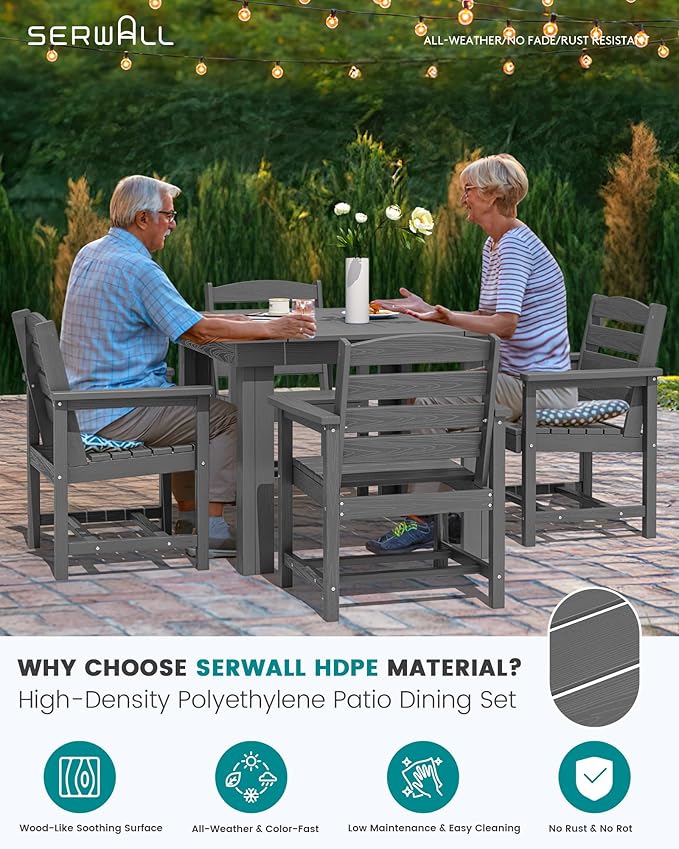 SERWALL Outdoor Dining Set for 4, HDPE Square Table and Chairs Set All Weather Patio Dining Set with 4 Classic Dining Chairs, 5-Piece Patio Dining Furniture for Deck, Gray