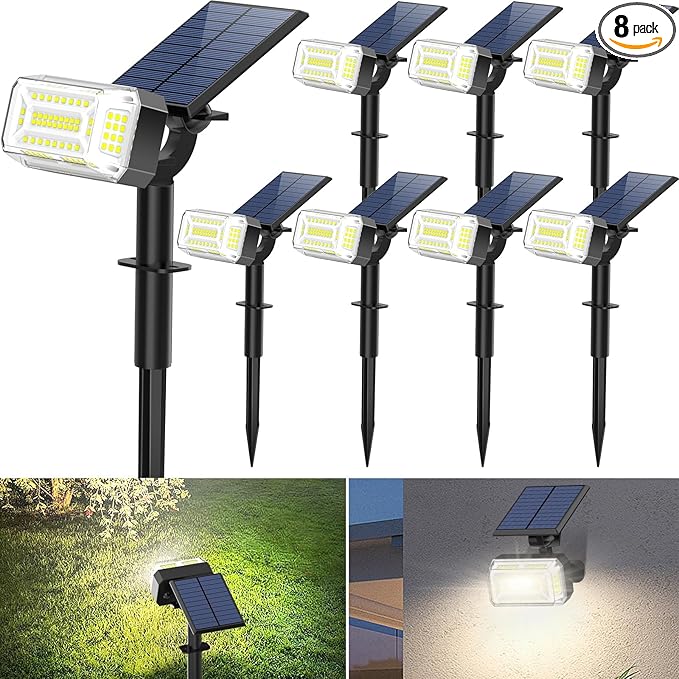 102 LED Solar Spot Lights Outdoor Waterproof IP65, Adjustable Landscape Spotlights, [8 Pack/4 Modes] Auto On/Off Solar Powered Flood Lights for Outside Yard Garden Wall Pathway (Cool White)
