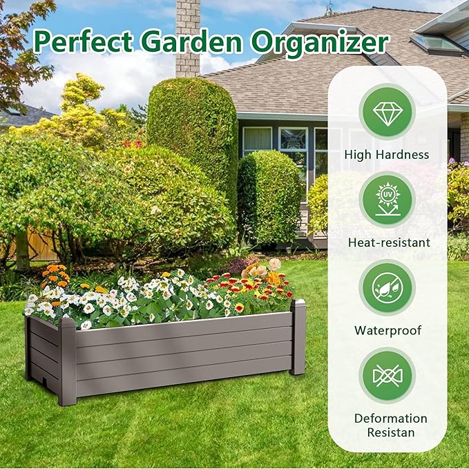 Raised Garden Bed, 21 Gallon Self-Watering Outdoor Raised Planter Box with Drainage Plug and Gauge for Vegetables, Flowers and Herbs, Durable Rustproof Resin for Backyard Patio Porch (Grey)