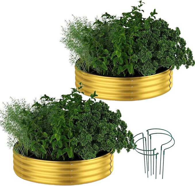 Galvanized Metal Planter Round Raised Garden Bed Kit for Gardening Outdoor Galvanized Planter Outdoor 2PC Gold 2X2X1FT