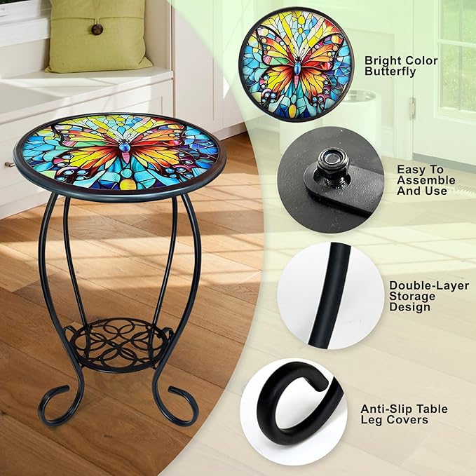 LIFFY Outdoor Side Table, 14" Round Mosaic Patio Table with Glass Butterfly Tabletop, 21" Height 2-Tier Indoor Small Decorative Plant Stand & End Table with Metal Frame for Home, Garden, Yard