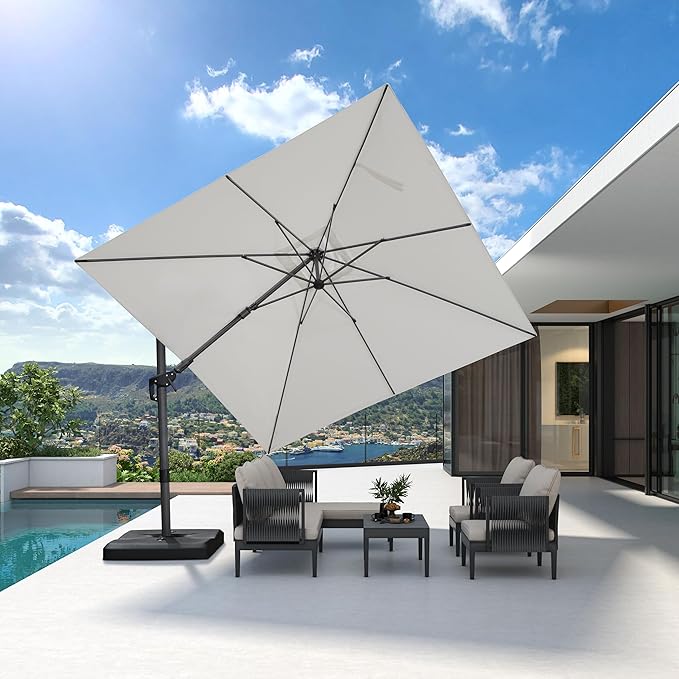 PURPLE LEAF 9.8' X 9.8' Left-right Tilting Patio Umbrella Outdoor Cantilever Swivel Square Umbrella Aluminum Offset Umbrella with 360-degree Rotation for Garden Deck Pool Patio White