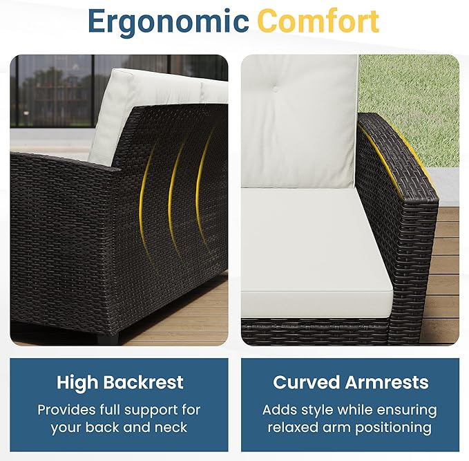 Wisteria Lane 4 Piece Patio Furniture Set, Wicker Outdoor Patio Conversation Furniture Set, All Weather Outdoor Patio Sofa with Cushion and Wood Table, Beige Wood
