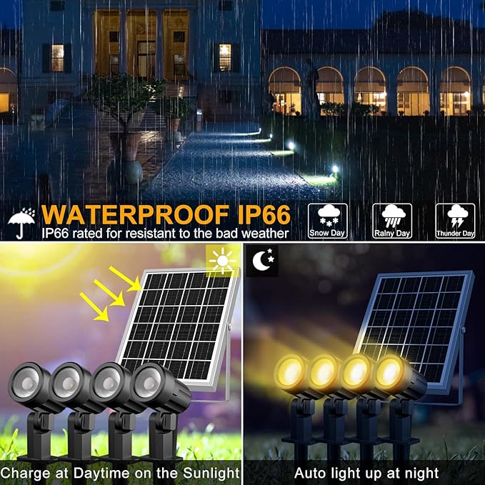 MEIKEE 6 in 1 Solar Spotlights Outdoor, 6W/6V Solar Powered Landscape Lights IP66 Waterproof Auto On/Off Landscape Spotlights with 3 Colors 56ft Cord for Garden Path Yard Patio Light