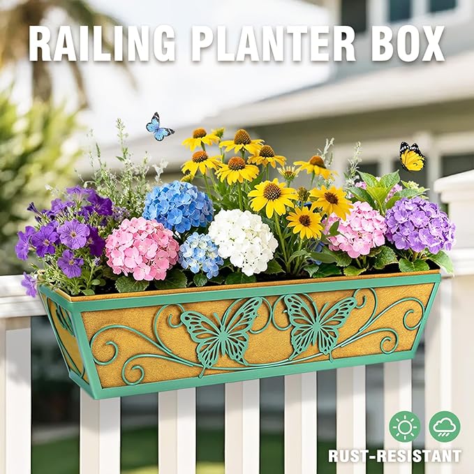 6 Pack 24 Inch Window Boxes Planter Railing Planters Box with Adjustable Brackets for Porch Deck Balcony Hanging Butterfly Decorative Flower Baskets & Non-Woven Fabric Liner for Outdoor Plants - Green