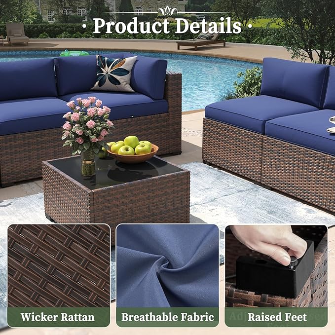 Aoxun 11 Piece Patio Furniture Set with 44” Fire Pit Table Wicker Rattan Outdoor Sectional Sofa Set with Coffee Table and 4” Thickened Cushions, Blue (Waterproof Cover Included)