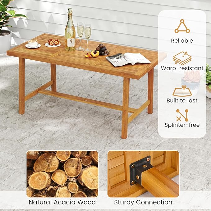 Tangkula 6 Piece Patio Dining Set for 5-6 People, 63” Outdoor Acacia Wood Table with 1.97” Umbrella Hole & Bench & 4 Cushioned Armchairs, for Deck Yard and Poolside