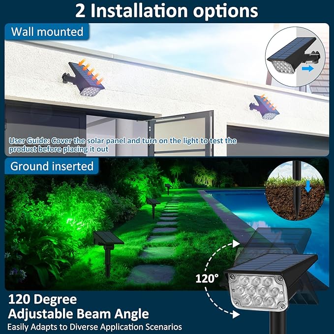 T-SUNUS Green Solar Spot Lights Outdoor 4 Pack, IP65 Waterproof Landscape Spotlights 2 Modes Dusk to Dawn for St Patricks Day Halloween Christmas Tree Pond Patio Garage Statue Graveyard Garden Flag